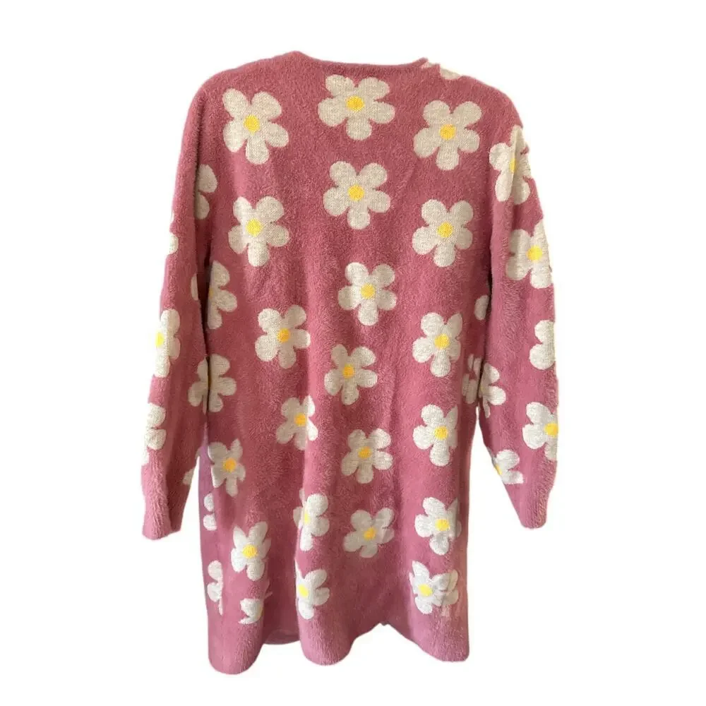 Simply Southern‎ Fuzzy Daisy Pink Long Open Front Duster Cardigan Sweater Small